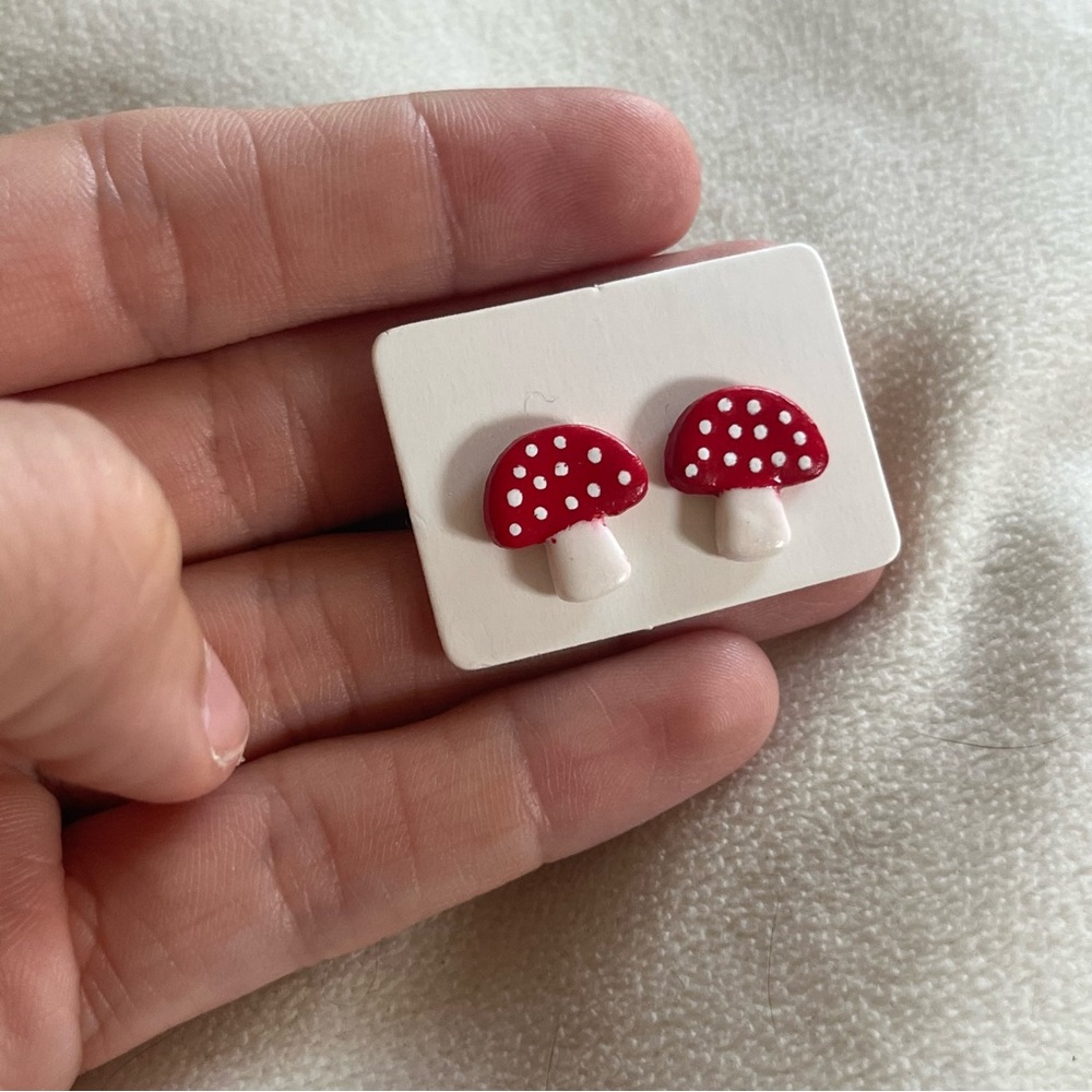 Mushroom Stud Earrings Handmade Cottagecore - Picture 2 of 3